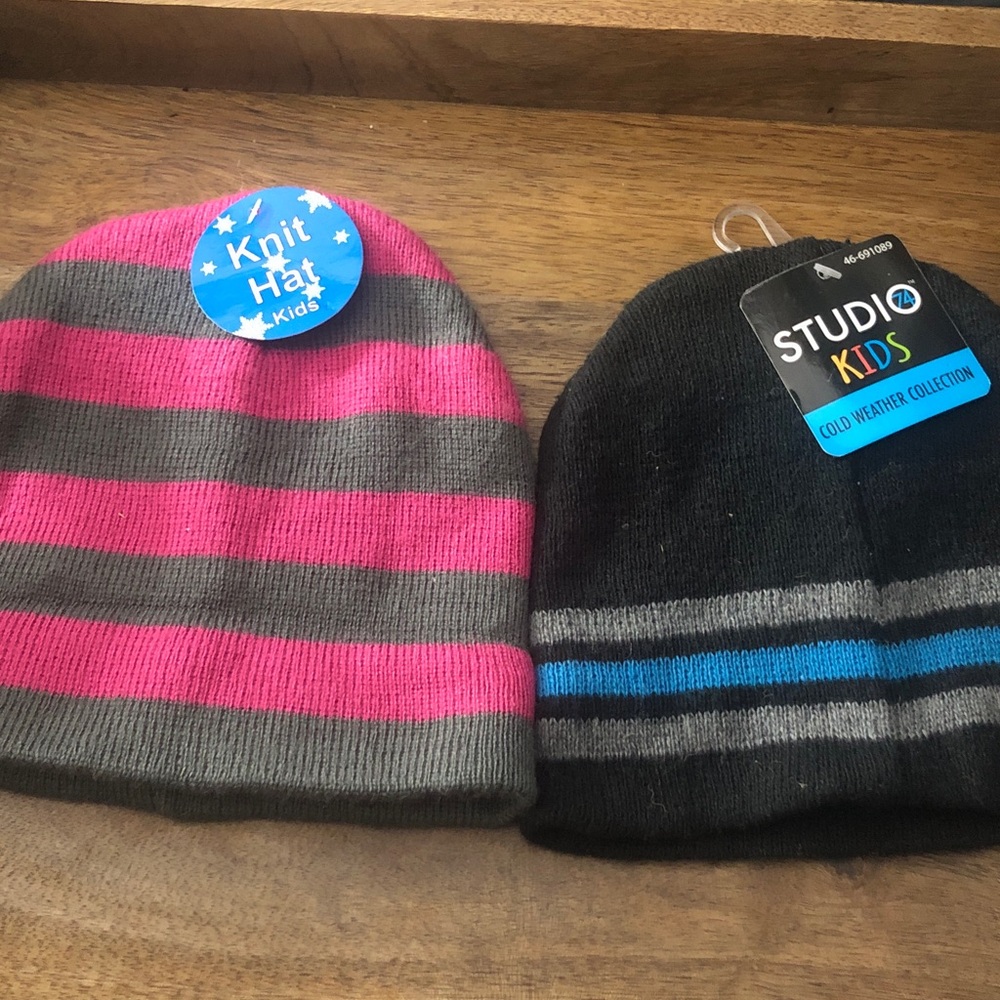 Striped Knit Hats - Pink, Gray, and Black
